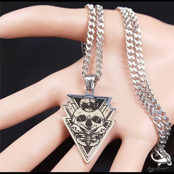 Men’s Stainless Steel Skull Moth Moon Necklace - Picture 5 of 7